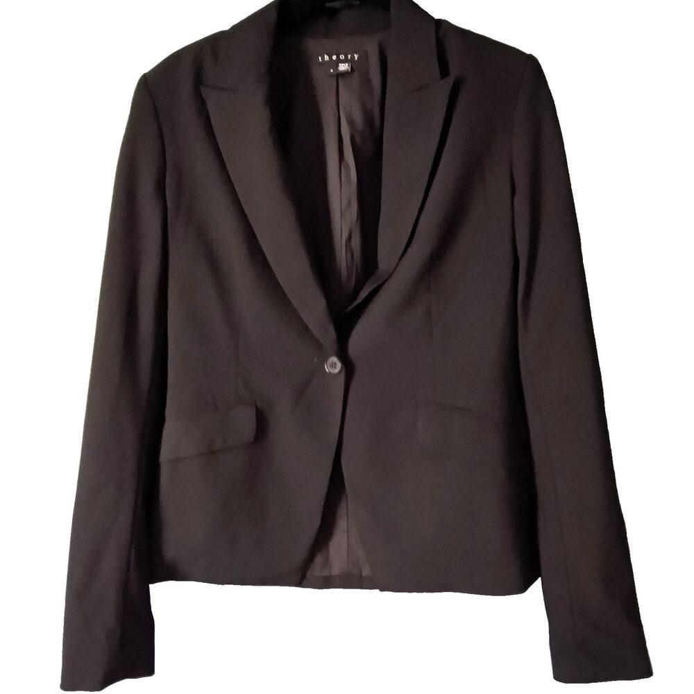 Theory Blazer Womens 0 Black Wool Stretch Single Button Short Lined Career USA